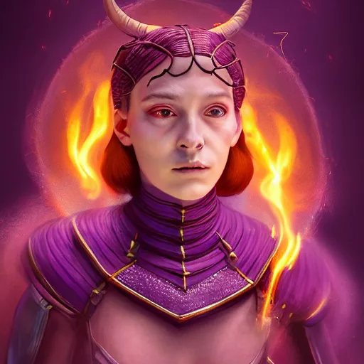 Prompt: A professional digital portrait painting of a young adult female tiefling sorcerer with skin made of fire, dressed in light armor, 4k, digital art, trending on cgsociety, renaissance painting, highly detailed, head and shoulders shot, shallow depth of field, purple and yellow lighting, professional lighting, The Grand Budapest Hotel, airbrush, Hayao Miyazaki