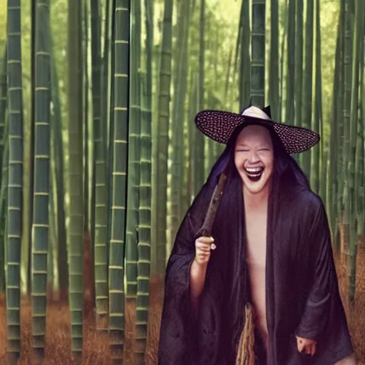 Prompt: a witch has turned her head into bamboo, standing in front of a mirror laughing