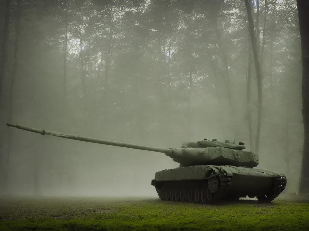 Prompt: damaged tank drives through foggy moss, realistic, tilt shift style, 4 k, ue 5, lense flair, light rays, cinematic light, by michael bay