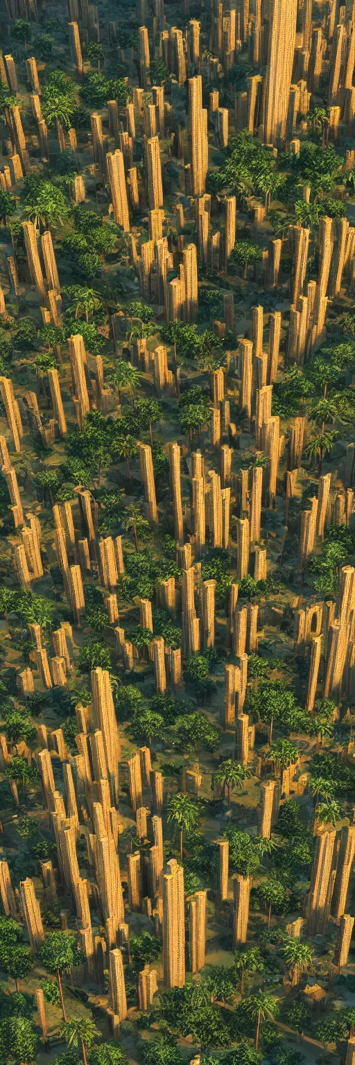 Prompt: photo of vertical golden village in the form of a tower, arid mountains and lush palm forest, photo realism, sharp focus, octane