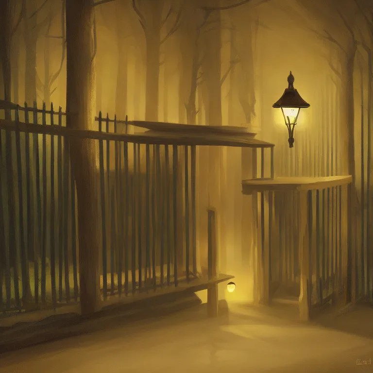 Image similar to a storybook illustration of a scared animal, fireflies, quiet night foggy scene painted by Edward Hopper masterpiece, intricate, elegant, fantasy, highly detailed, digital painting, concept art, sharp focus, artstation