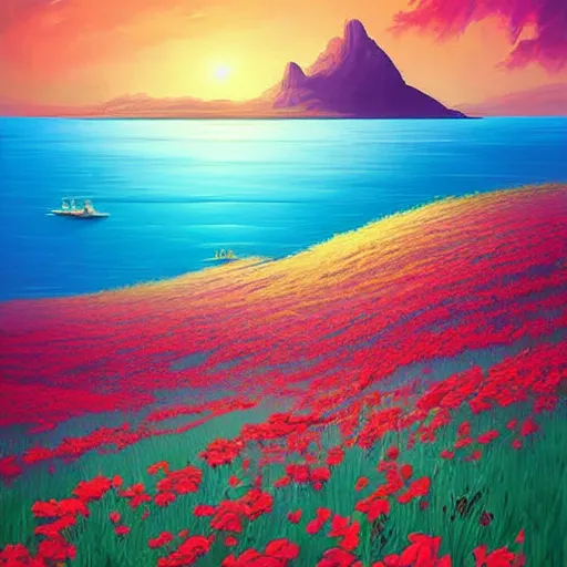 Prompt: digital art of a painting of a flower field with a view of the ocean, poster art by rhads, featured on pixiv, sharp details, neo - romanticism, anime aesthetic, 2 d game art, official art