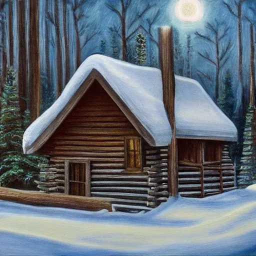 Prompt: realism painting of a log cabin in the woods, night, winter, soft lighting, dreary, abandoned, highly detailed