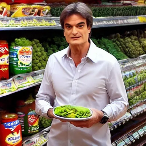 Prompt: dr mehmet oz with a pregnant belly in a tight cutoff shirt, has a beer belly, holding guacamole, at the supermarket, sad face