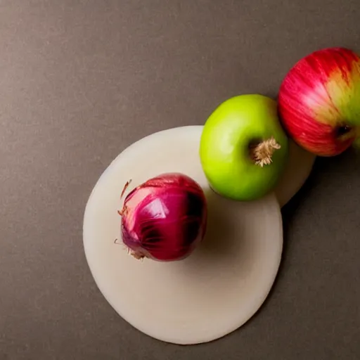 Prompt: balance with one apple in one side and one onion in the other