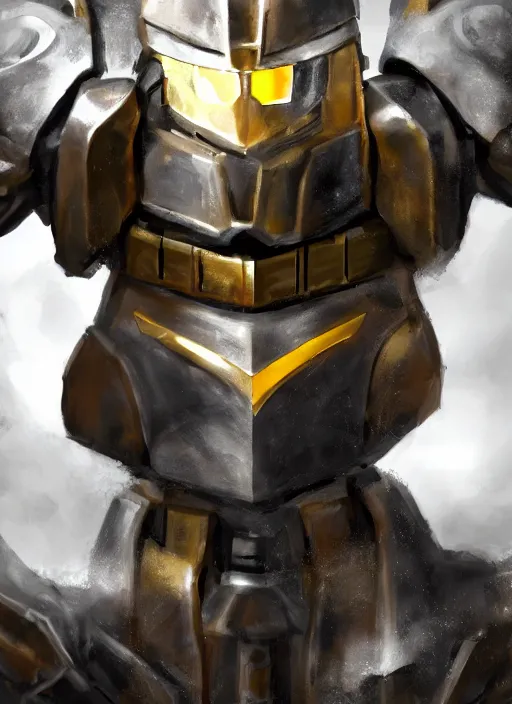 Prompt: medium-length portrait of a male paladin with short curly hair and a salt-and-pepper beard, dark brown skin, happy expression, wears a suit of power armor, magitech!, (Gundam), an arcane core shining from his chest!, medieval setting, highly detailed, digital painting, (artstation), concept art, sharp focus, illustration, art by greg rutkowski and alphonse mucha