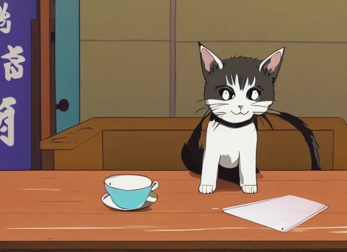 Prompt: professional anime illustration of cute cat sitting on the table in classroom, studio ghibli classic anime from 2000, sharp, 4K