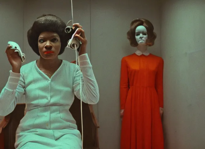 Prompt: octavia spence in a 1 9 6 0 s retro virtual utopia, psychological thriller film, annie leibovitz portrait photography, psychedelic cosmic horror, horror, wes anderson scene, wes anderson cinematography, atmospheric haze, film still, 1 6 mm cinematography. james jean