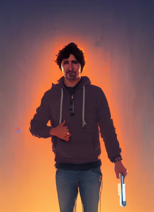 Image similar to highly detailed portrait justin trudeau in ( ( orange hoody ) ) holding handgun! in gta v stephen bliss unreal engine fantasy art by greg rutkowski loish rhads ferdinand knab makoto shinkai lois van baarle ilya kuvshinov rossdraws tom bagshaw global illumination radiant light detailed intricate environment