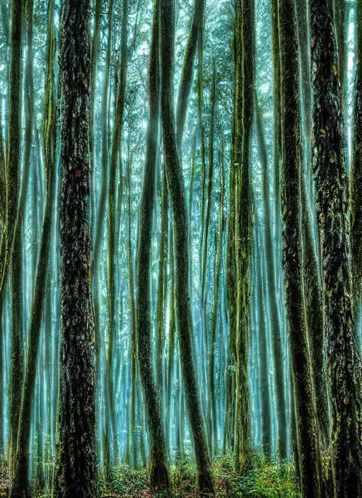 Image similar to blue wispy forest, tall trees, pipes, moss, digital art