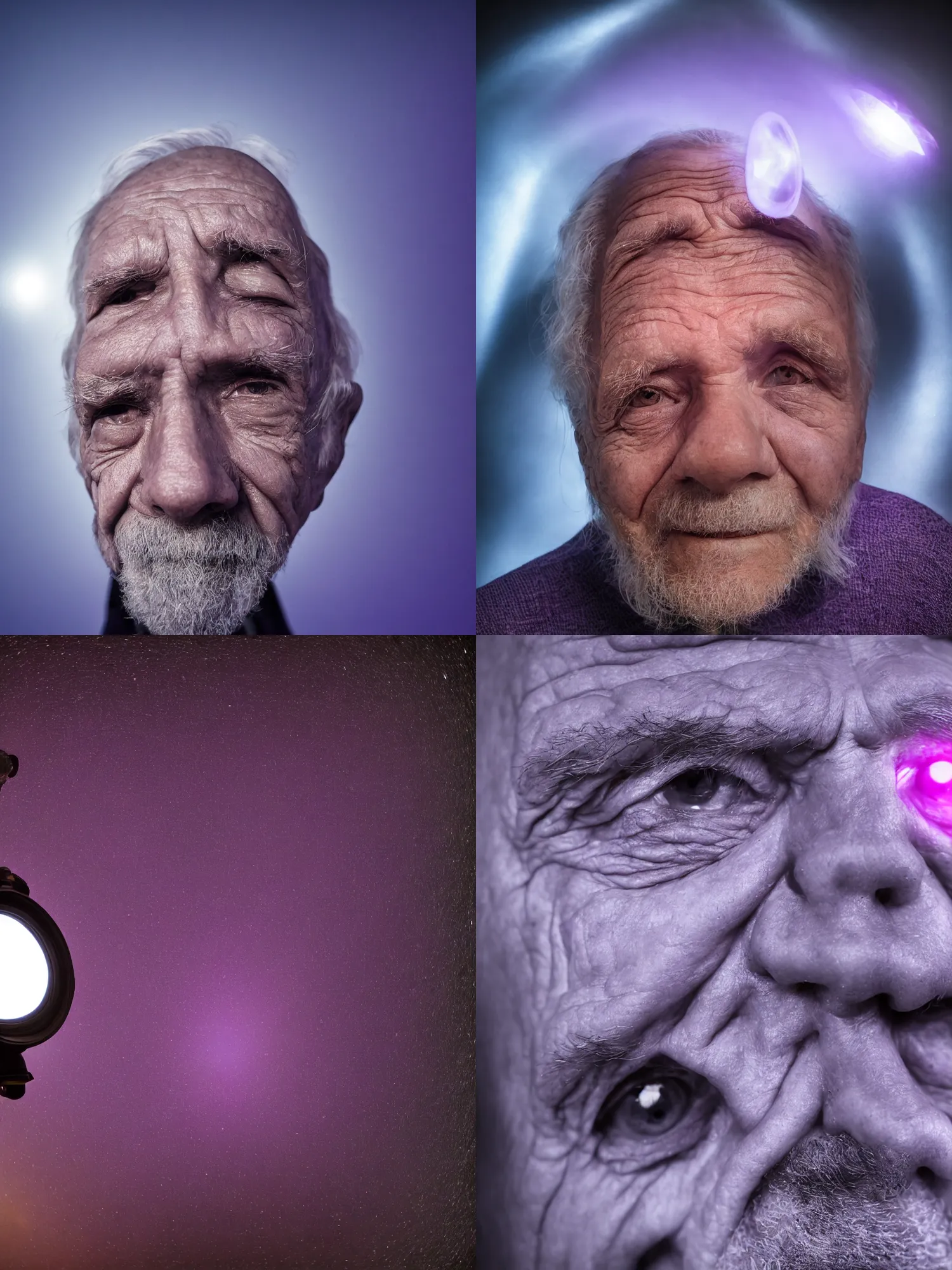 Prompt: an ultra wide fish eye close up portrait photo of an old man with a purple floodlight shined on him, 4 k, 8 k, ultra hd, photorealistic.