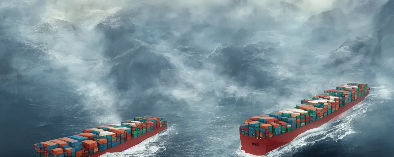 Image similar to paintifng of container ship containership colossus near misty black cliffs over steamy water, matte painting, detailed, amazing, 4k resolution