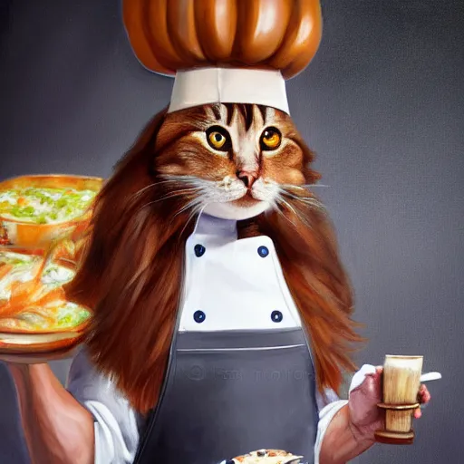 Prompt: oil painting portrait of a long haired fluffy cat wearing chef hat and apron with restaurant kitchen background digital art, concept art, highly detailed, 3-D 4k, trending on art station, Mark Brooks,