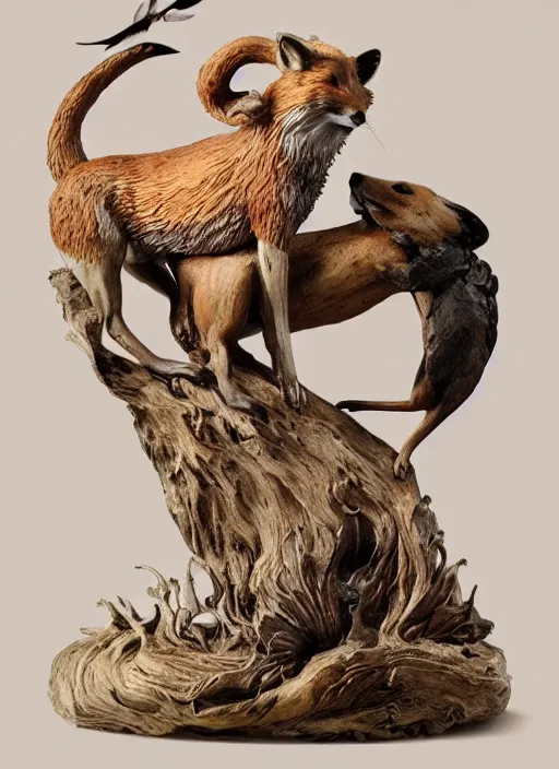 Image similar to sculpture of rat mating with a fox made of wood, portrait, female, future, wood, tree, harper's bazaar, vogue, magazine, insanely detailed and intricate, concept art, close up, ornate, luxury, elite, elegant, trending on artstation, by ruan jia, by Kenneth Willardt, by ross tran, by WLOP, by Andrei Riabovitchev,