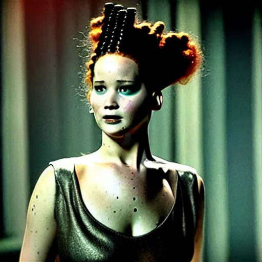 Image similar to jennifer lawrence as the bride of frankenstein, color photography, sharp detail, still from the movie mary shelly's frankenstein