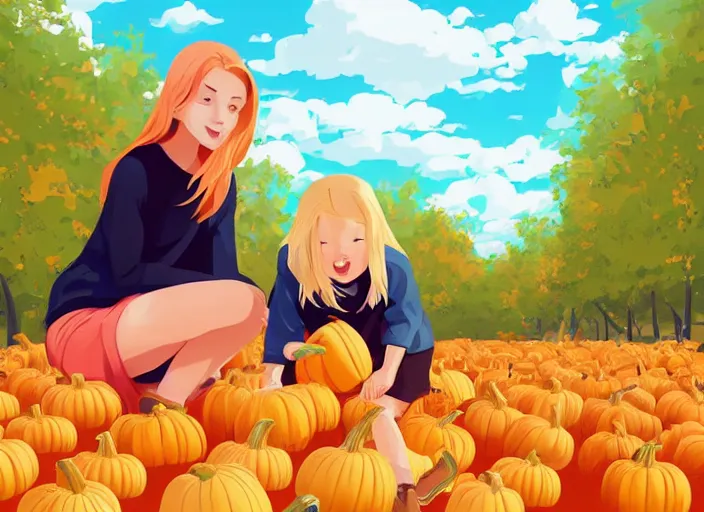 Prompt: little girl with long blonde hair and her mother visiting a pumpkin patch. clean cel shaded vector art. shutterstock. behance hd by lois van baarle, artgerm, helen huang, by makoto shinkai and ilya kuvshinov, rossdraws, illustration, art by ilya kuvshinov