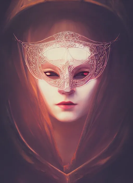 Prompt: centered portrait of a beautiful masked woman wearing a venetian mask, intricate concept art, ethereal, highly detailed, artstation, smooth, cyberpunk darksynth, cinematic, mist, dramatic neon lighting, illuminated lines, outrun, vaporware, by ruan jia and ilya kuvshinov and liam wong and jeremy mann and alphonse mucha