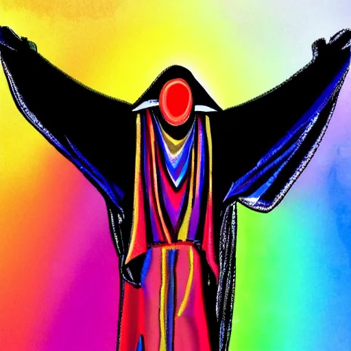 Image similar to the grim reaper wearing joseph's fantastic technicolor dreamcoat