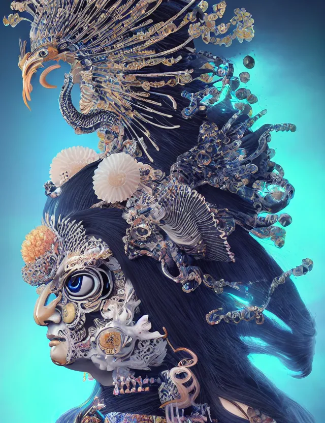 Image similar to 3 d goddess close - up 3 / 4 portrait with ram skull. beautiful intricately detailed japanese crow kitsune mask and clasical japanese kimono. betta fish, jellyfish phoenix, bio luminescent, plasma, ice, water, wind, creature, artwork by tooth wu and wlop and beeple and greg rutkowski