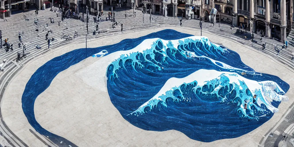 Prompt: A white and blue marble sculpture of The Great Wave off Kanagawa in the middle of an empty Italian piazza without people, midday, 4k photograph, sunny day, long shot