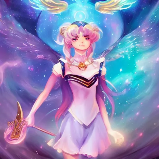 Prompt: a high fantasy portrait of a celestial magical girl, sailor moon, star guardians very beautiful, very attractive, trending on artstation, cool color scheme, unreal engine, semi - realism, deviant art, painted by rossdraws and artgem and loish