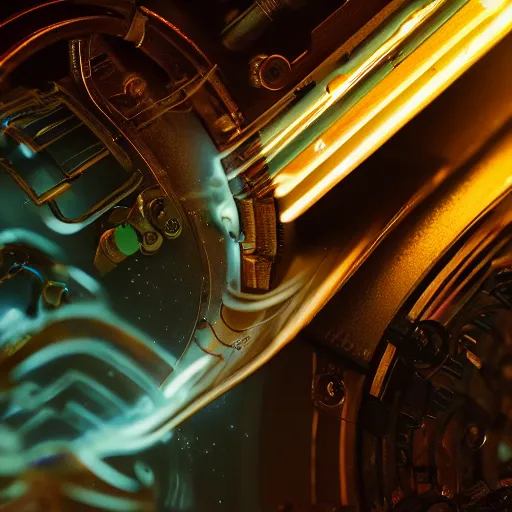 Prompt: a beautiful intricate fine art close-up photo of a sci-fi industrial sound plasma cutter machine, Montserrat leaves by tom bagshaw and zach sutton, golden ratio composition, studio lighting, 50mm lens, very detailed, bionic, cybernetic scifi, deep depth of field, artstation, 8K, highly coherent