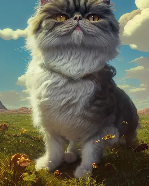 Image similar to highly detailed surreal vfx portrait of a persian cat, stephen bliss, unreal engine, greg rutkowski, loish, rhads, beeple, makoto shinkai and lois van baarle, ilya kuvshinov, rossdraws, tom bagshaw, alphonse mucha, global illumination, detailed and intricate environment