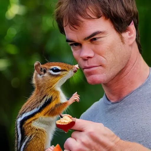 Prompt: dexter morgan feeding peanuts to the cutest chipmunk you ’ ve ever seen