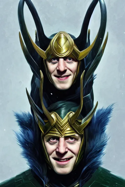 Image similar to Boris Johnson as Loki, realistic portrait, symmetrical, highly detailed, digital painting, artstation, concept art, smooth, sharp focus, illustration, cinematic lighting, art by artgerm and greg rutkowski and alphonse mucha