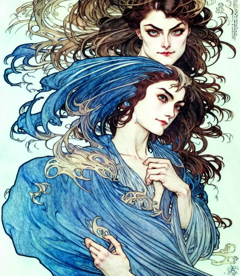 Image similar to in the style of artgerm, arthur rackham, alphonse mucha, phoebe tonkin, symmetrical eyes, symmetrical face, flowing blue skirt, full entire body, hair blowing, intricate filagree, hidden hands, warm colors, cool offset colors