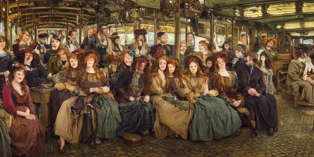 Prompt: detailed colour preraphaelite photograph group portrait of amazingly cool characterful people sat down extreme closeup, in the inside of the beautiful underwater train to atlantis, every face lifelike expressions, crowds of people sat down wearing unusual clothes, by william powell frith, 4 k