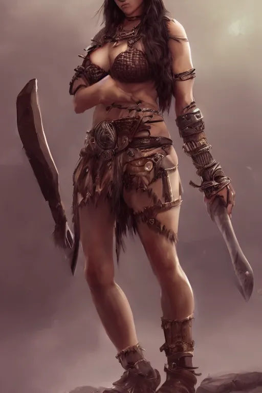 Image similar to portrait of a barbarian female, full body view, ultra sharp, very detailed, high quality focus by wlop