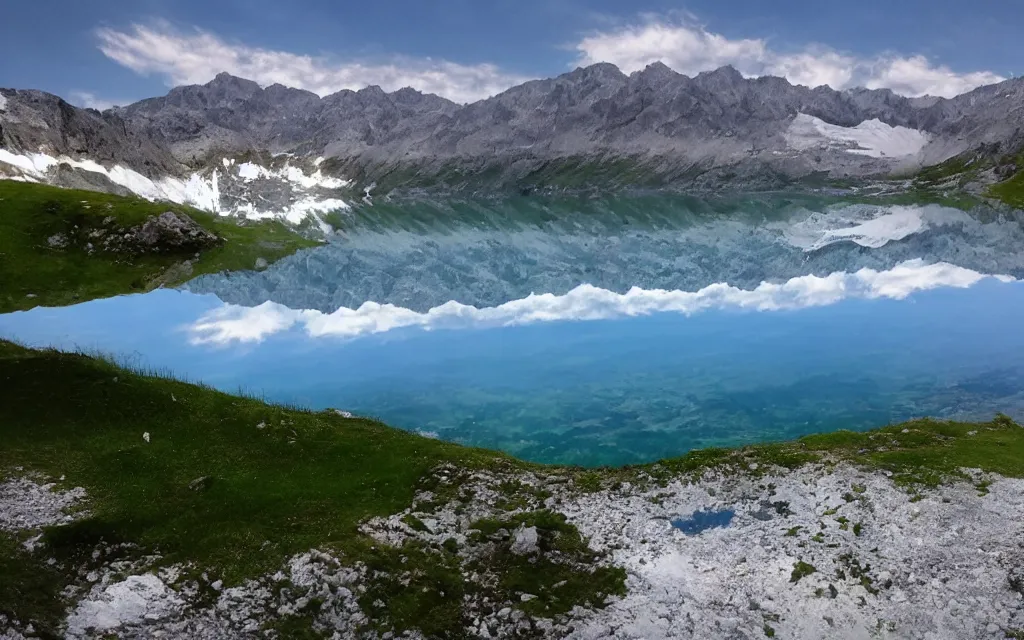 Image similar to the alps and reflection in a lake in the style of georgia o keefe