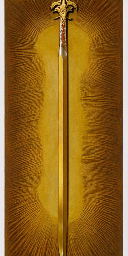 Image similar to a sword in the style of zdzisław beksinski, elegant, gold and oak inlay, sun motif, holy