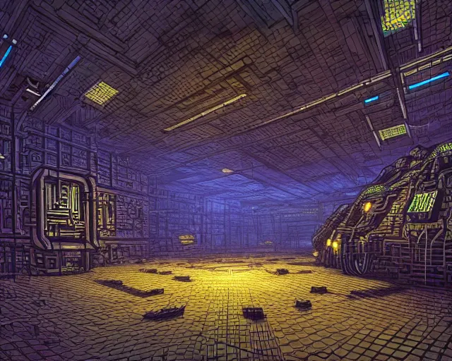 Image similar to interior of an underground maze within a large cyberpunk complex, pixelart, brutalism, volumetric lighting, 8 k, art by dan mumford, greg rutowski, johan grenier