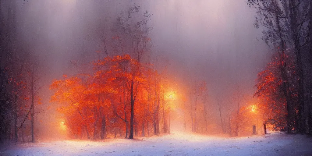 Image similar to A beautiful oil painting of a valley covered in snow, trees with red and orange leaves, yellow lighting, gloomy, atmospheric lighting, detailed, by greg rutkowski, trending on artstation