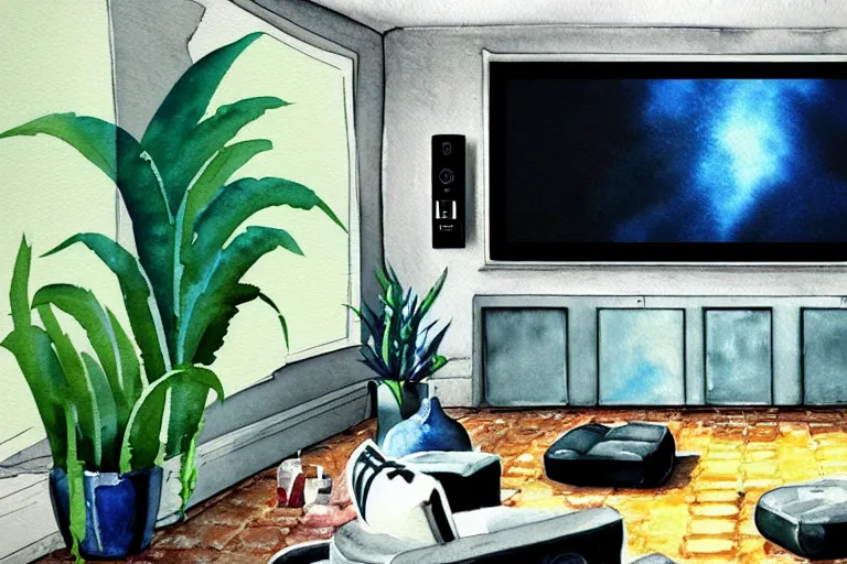 Image similar to very wide angle view, a modern home movie theater with giant projector screen!!, stylish wall sconces lights, detailed art deco decoration!!, plants, popcorn machine, rough watercolor painting, trending on artstation