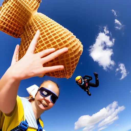 Image similar to skydiving with ice cream cone, 4 k, wide angle, getty images,