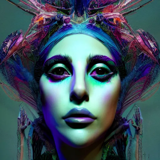 Image similar to Portrait of salvia trip faerie goddess Lady Gaga. Claymation. intricate abstract. intricate artwork. nightmare fuel. by Dave McKean. octane render, trending on artstation, greg rutkowski very coherent symmetrical artwork. cinematic, hyper realism, high detail, octane render, 8k, iridescent accents