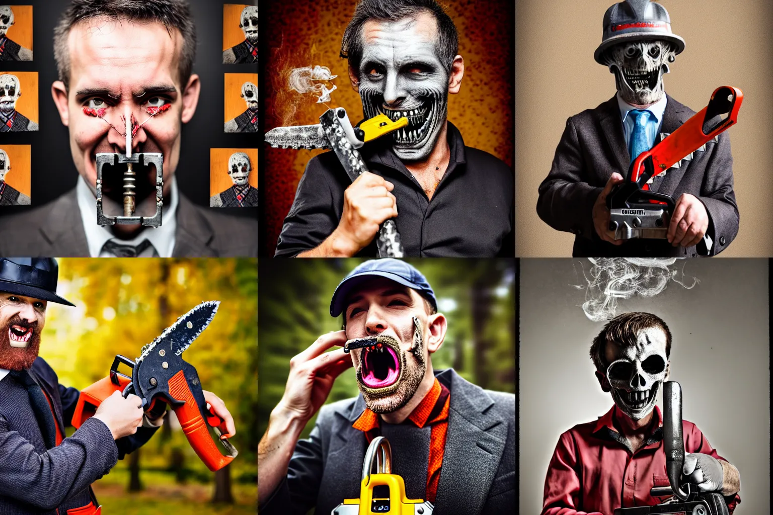 Prompt: man with chainsaw instead of head, wearing lock necklace, sharp teeth, photography, smoking costume, necktie, 8 k, realism, higher detail