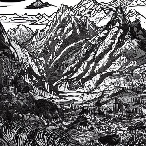 Image similar to impressive fantasy landscape, beautiful line art, square sticker, ink illustration, pure b & w, engraving illustration, sticker art