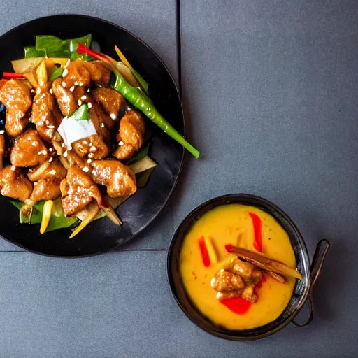 Prompt: anonymous man eats meal at home of thai sweet and sour pork stirfry