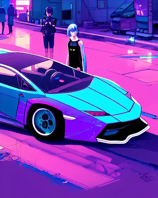 Image similar to digital illustration of cyberpunk pretty girl with blue hair, looking at a purple lamborghini, in junkyard at night, by makoto shinkai, ilya kuvshinov, lois van baarle, rossdraws, basquiat