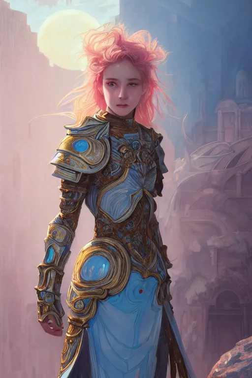 Prompt: portrait young knights of Zodiac girl, rose golden and ice blue armor, in ruined Agora of Athens Sunrise, ssci-fi and fantasy, intricate and very beautiful and elegant, highly detailed, digital painting, artstation, concept art, smooth and sharp focus, illustration, art by tian zi and WLOP and alphonse mucha