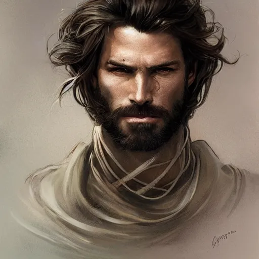 Image similar to portrait of a ruggedly handsome paladin, soft hair, muscular, half body, leather, hairy, d & d, fantasy, intricate, elegant, highly detailed, digital painting, artstation, concept art, smooth, sharp focus, illustration, art by artgerm and greg rutkowski and alphonse mucha