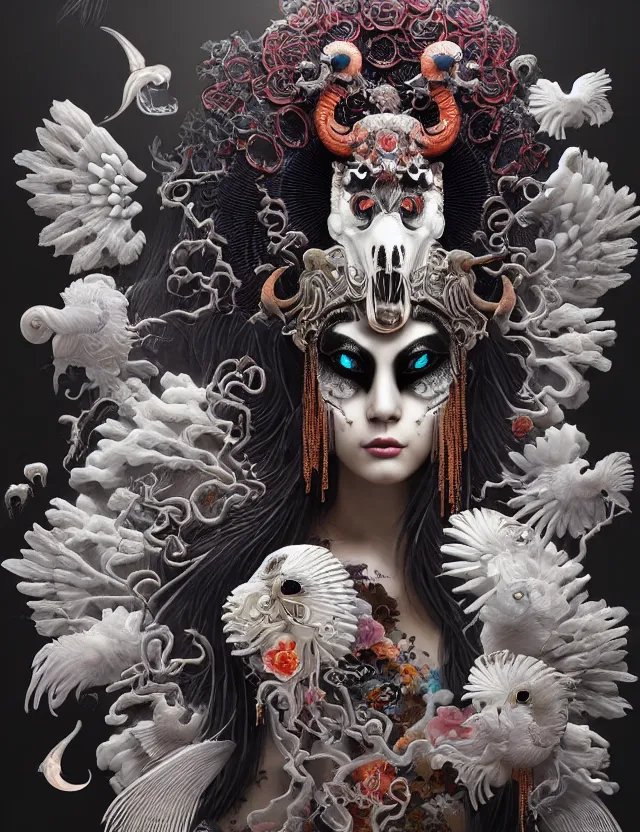 Image similar to 3 d goddess of death close - up profile portrait with ram skull. beautiful intricately detailed japanese crow kitsune mask and clasical japanese kimono. betta fish, jellyfish phoenix, bio luminescent, plasma, ice, water, wind, creature, artwork by tooth wu and wlop and beeple and greg rutkowski