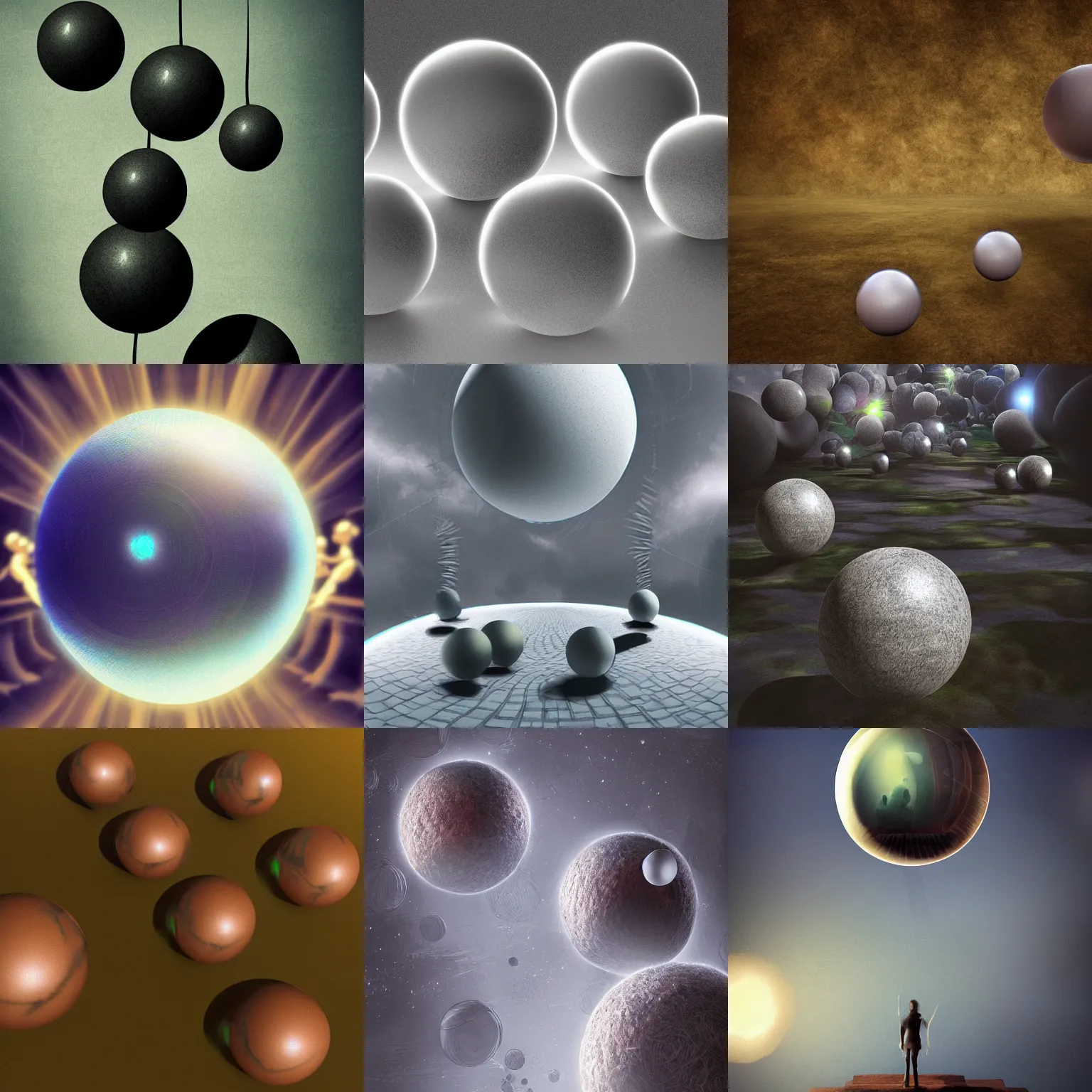 Prompt: Levitating spheres, shadows, fantasy, digital art, HD, detailed.