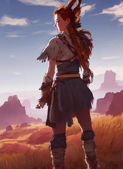 Prompt: Aloy, standing confidently, desert in the background, natural lighting, concept art, sharp focus, comic book illustration, single character full body, rule of thirds, from Horizon: Zero Down, by John Kirby