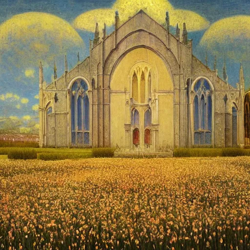 Prompt: a beautiful painting of an abandoned cathedral in a serene field of flowers landscape by Jean Delville, highly detailed matte painting, german romanticism