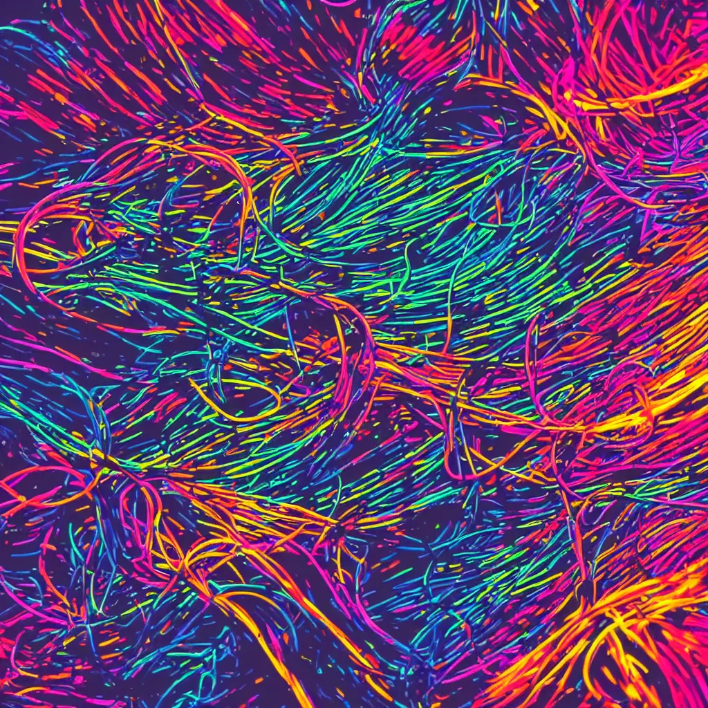 Prompt: mess of colorful cables, graphic art, cinematic lightning, neon lights